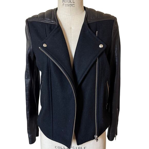 IRO Glass Black Wool Leather Moto Jacket Size 38 US 6 - Picture 1 of 7